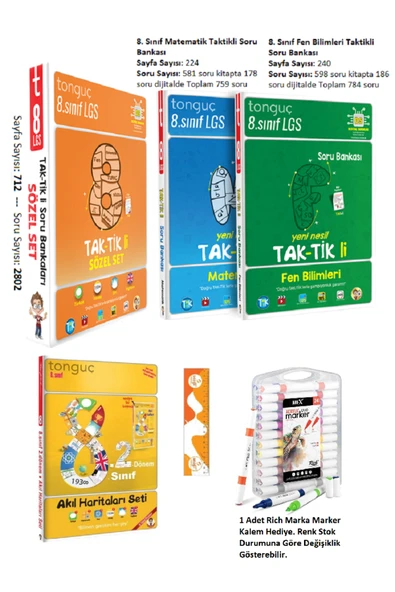 Tonguç Yayınları 8. Sınıf Taktikli Sayısal (2 Kitap) ve Sözel (4 Kitap) Set ve 8. Sınıf 2. Dönem Akıl Hariitaları+Rich Marker Kalem Hediye ürün görseli 1