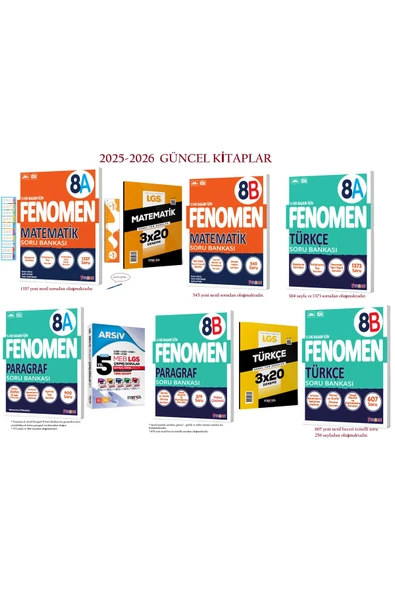 Fenomen Yayıncılık 8 Matematik-Türkçeve Paragraf A ve B Soru Bankası Seti 6 Kitap İle 3x20 Matematik-Türkçe Deneme ürün görseli 1