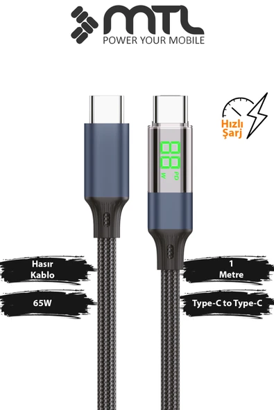 65W PD Type-C to Type-C Dijital Watt Göstergeli Hızlı Şarj ve Data Kablosu 1 Metre Siyah MT2155 ürün görseli 1