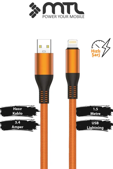 3.4A iPhone Lightning Hızlı Şarj ve Data Kablosu 1.5 Metre Örgülü Metal Başlıklı MT2052 ürün görseli 1