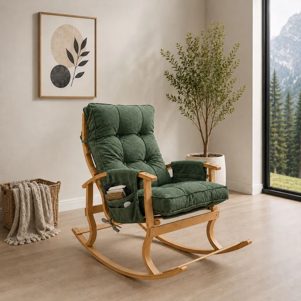 Ahşap Sallanan Sandalye TV Dinlenme Emzirme Baba Okuma Koltuğu Ergonomik Minderli Çift Cepli Yeşil ürün görseli 1