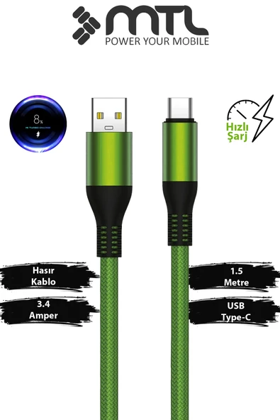 3.4A USB to Type-C Örgülü Metal Başlıklı Hızlı Şarj ve Data Kablosu 1.5 Metre MT2051 ürün görseli 1