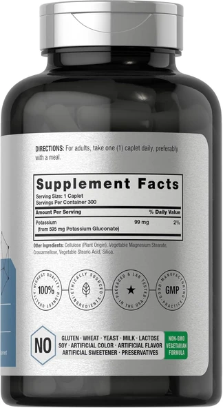 Horbäach Chelated Potassium Gluconate 595 mg 300 Caplets - Resim 3