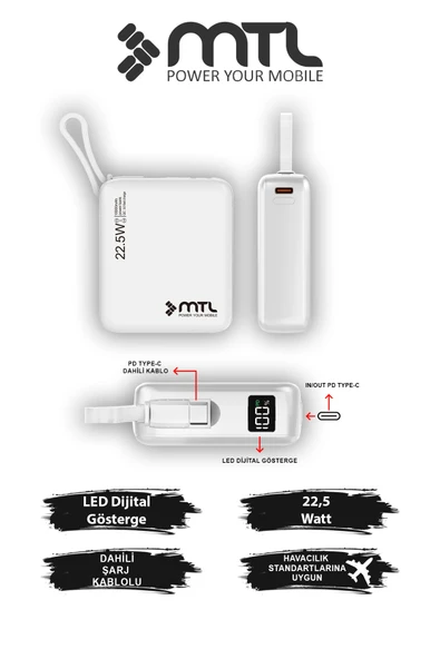 10000 mAh 22.5W Süper Hızlı Dahili Type-C Kablolu Dijital Göstergeli Hızlı Şarj Powerbank MT4540 ürün görseli 1