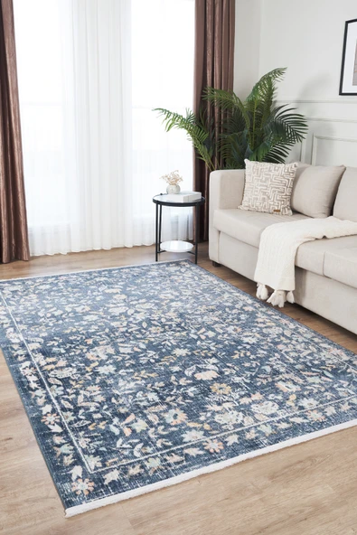 Rustik 2224 Klasik Vintage Eskitme Salon Mavi Country Mutfak Halısı Tozumaz Yumuşak Makine Halısı ürün görseli 1