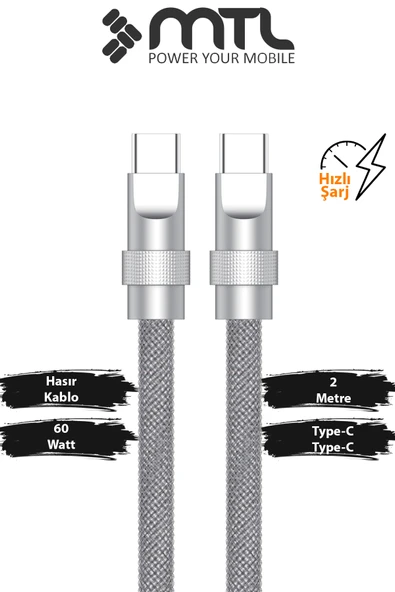 60W Type-C To Type-C PD Turbo Şarj Spiral Sarmal Naylon Örgü Data ve Şarj Kablosu 2 Metre MT2461 ürün görseli 1
