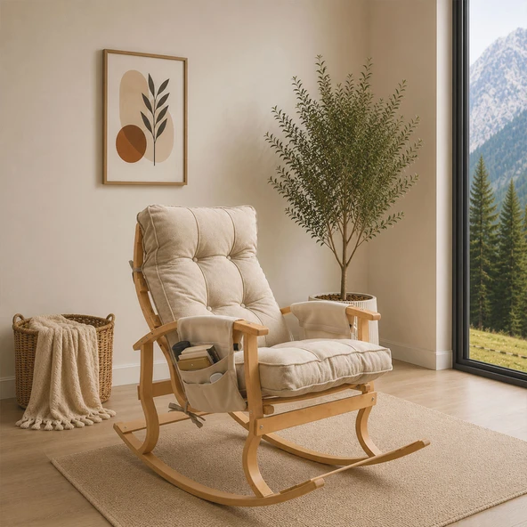 Ahşap Sallanan Sandalye TV Dinlenme Emzirme Baba Okuma Koltuğu Ergonomik Minderli Çift Cepli Krem ürün görseli 1