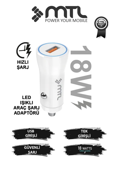 18W QC 3.0 Hızlı Şarj Destekli Akım Korumalı Led Göstergeli USB Araç Şarj Cihazı MT 1812 ürün görseli 1