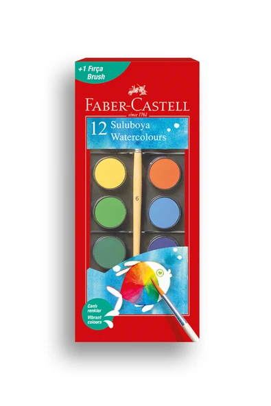Faber Castell Suluboya 12 Renk, Büyük Boy, Parlak ve Örtücü Renkler, Kağıt Yüzeylere Uygun, Karıştırılabilir ürün görseli 1