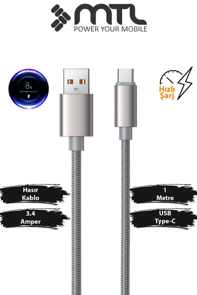 3.4A USB to Type-C Örgülü Alüminyum Başlıklı Hızlı Şarj ve Data Kablosu 1 Metre MT2031 ürün görseli 1