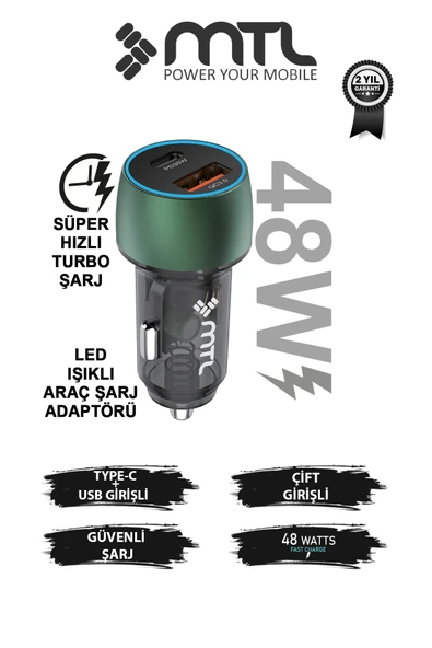 48W Hızlı Şarj Destekli Çift Portlu Type-C + USB Akım Korumalı Led Işıklı Araç Şarj Cihazı MT 1832 ürün görseli 1