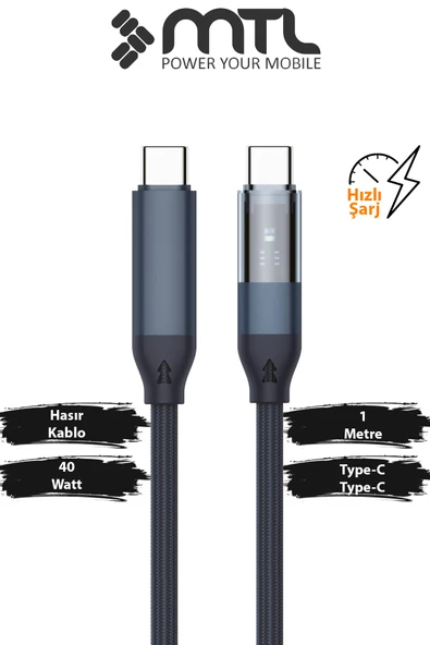 40W PD Type-C to Type-C Örgülü Hızlı Şarj ve Data Kablosu 1 Metre MT2130 ürün görseli 1