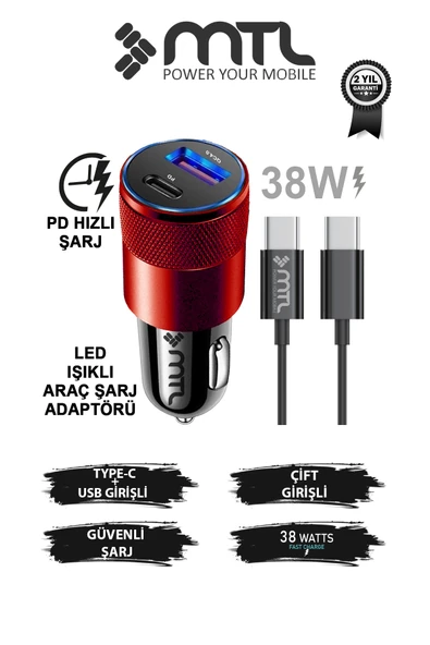 Araç Şarj Aleti Çakmaklık 38W Type-C | Type-C + USB Çift Portlu - Qualcomm QC 4.0 Desteği MT-A1835 ürün görseli 1