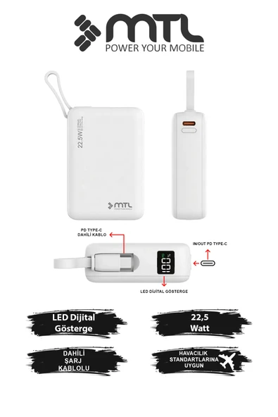 20000 mAh 22.5W Süper Hızlı Şarj Dahili Kablolu LED Göstergeli PD ve QC 3.0 Powerbank MT4550 ürün görseli 1