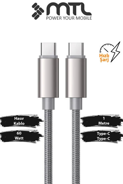 60W PD Type-C to Type-C Örgülü Hızlı Şarj ve Data Kablosu 1 Metre MT2119 ürün görseli 1