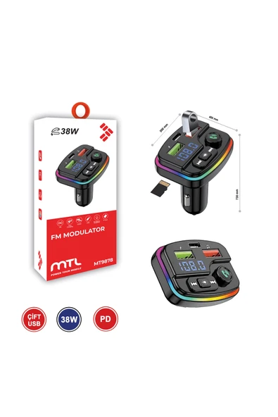 38W PD ve QC Destekli Type-C Çıkışlı Bluetooth FM Modülatör, RGB Işıklı Hızlı Araç Şarj Cihazı ürün görseli 1