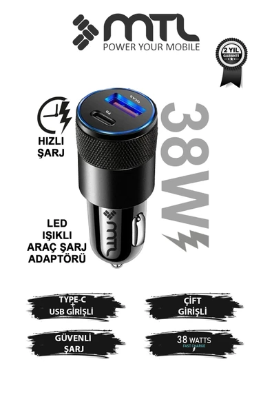 Araç Şarj Aleti Çakmaklık 38W Type-C + USB Çift Portlu - Qualcomm QC 4.0 Desteği MT-A1833 ürün görseli 1