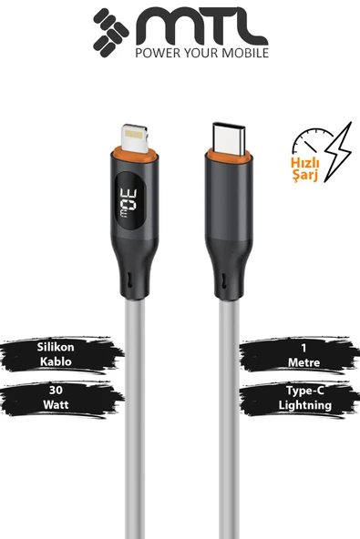 30W LCD Ekranlı Type-C to Lightning Silikon Hızlı Şarj ve Data Kablosu 1 Metre MT2213 ürün görseli 1
