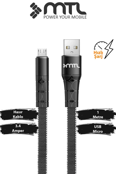 3.4A Micro USB Ultra Hızlı Metal Başlıklı Flat Örgülü Şarj ve Data Kablosu MT2321 ürün görseli 1