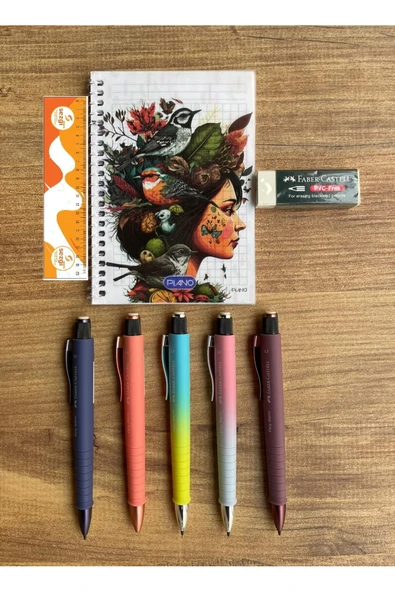 Faber Castell Kalem Poly Matic 1333-0.7 mm Bordeaux-Sunset-Sunrise-Coral ve FutureDusk 5 Adet+Not Defteri+Silgi ürün görseli 1