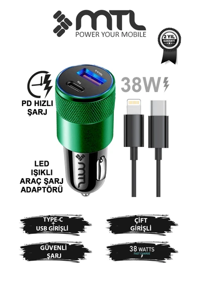 Araç Şarj Aleti Çakmaklık 38W Lightning |Type-C + USB Çift Portlu - Qualcomm QC 4.0 Desteği MT-A1834 ürün görseli 1