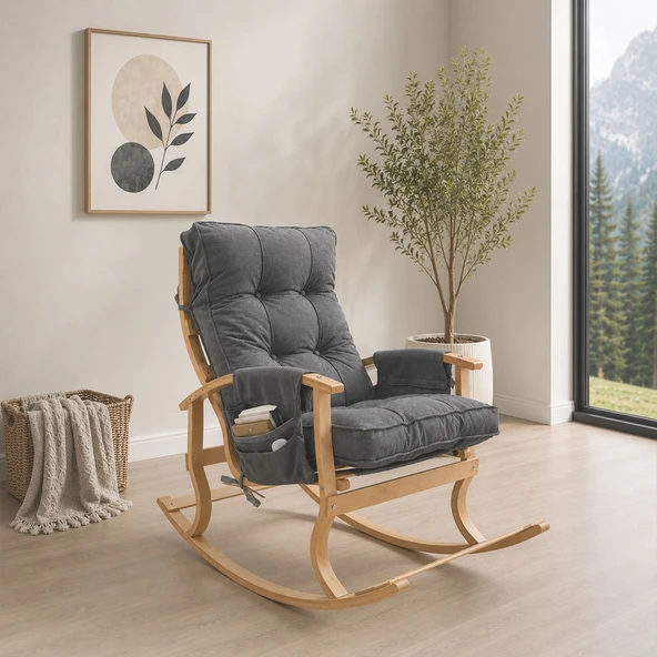 Ahşap Sallanan Sandalye TV Dinlenme Emzirme Baba Okuma Koltuğu Ergonomik Minderli Çift Cepli Füme ürün görseli 1