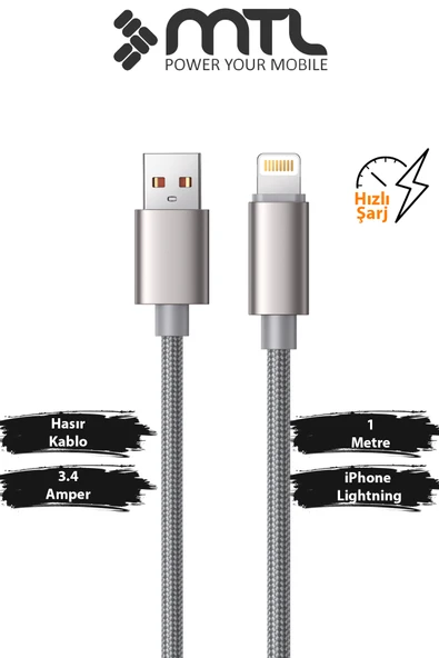 3.4A USB to iPhone Lightning Örgülü Alüminyum Başlıklı Hızlı Şarj ve Data Kablosu 1 Metre MT2032 ürün görseli 1