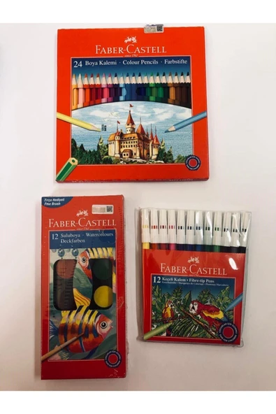 Faber Castell Kırtasiye Seti 24 Renk Kuru Boya Kalemi- Suluboya 12li- Keçeli Kalem 12 Li ürün görseli 1
