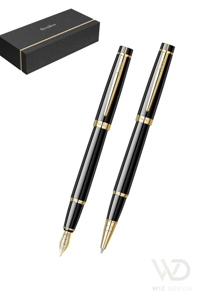 Scrikss WizDesign 38 Dolma Kalem + Roller Kalem Set Siyah Altın ÖMÜR BOYU GARANTİLİ / KUTULU / İSME ÖZEL ürün görseli 1
