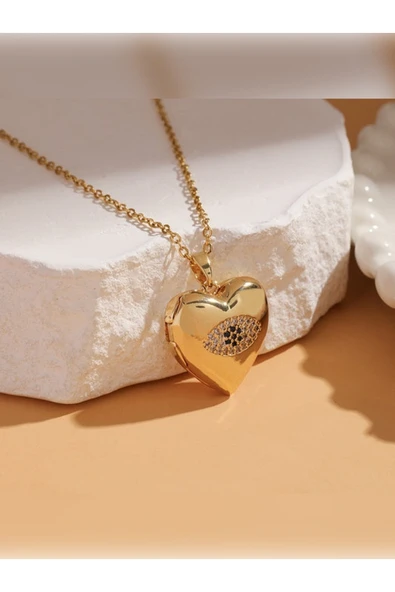 MARMARA OUTLET Gold Renk Çerçeveli Açılır Resimli Nazar Kolye İsim Yazılabilir Model ürün görseli 1