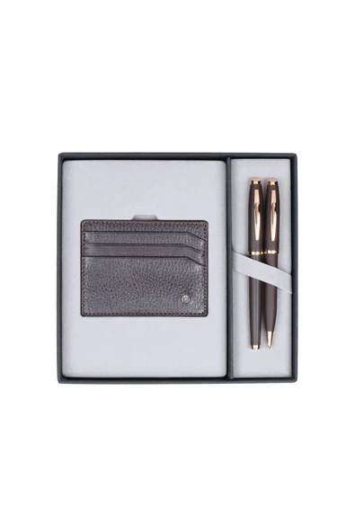 Scrikss Dr245 Hediyelik Set Dolma Kalem - Tükenmez Kalem 39 Rose Gold & Deri Kredi Kartlık Kahve ürün görseli 1