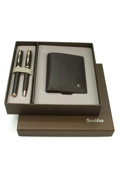 Scrikss Dr242 Hediyelik Set Dolma Kalem - Tükenmez Kalem 39 Rose Gold - Kahverengi & Cüzdan Kahverengi ürün görseli 1