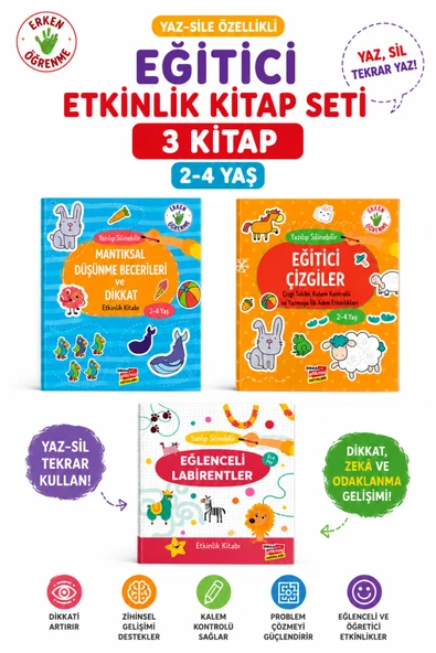 Dikkat Atölyesi Yayınları Yaz Sil 2-4 Yaş Evde Etkinlik 3'lü Kitap Seti ürün görseli 1