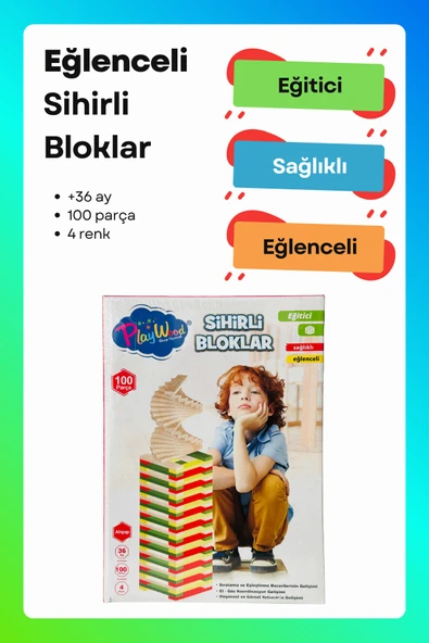 PlayWoods Sihirli Bloklar | Eğitici 100'lü ve 4 Renkli Tahta Bloklar ürün görseli 1