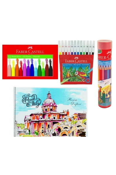 Faber Castell Pastel Boya Keçeli Boya Metal Tüp Kuru Boya 12 Li Ve Resim Defteri ürün görseli 1