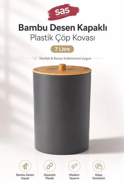 Sas Haus Bambu Desen Kapaklı Çöp Kovası 7 Litre Antrasit Plastik Banyo Mutfak Çöp Kutusu ürün görseli 1