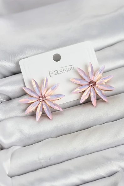 Pembe Kristal Taşlı Lotus Model Kadın Küpe ürün görseli 1