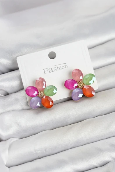 Karışık Renk Kristal Taşlı Çiçek Model Kadın Küpe ürün görseli 1