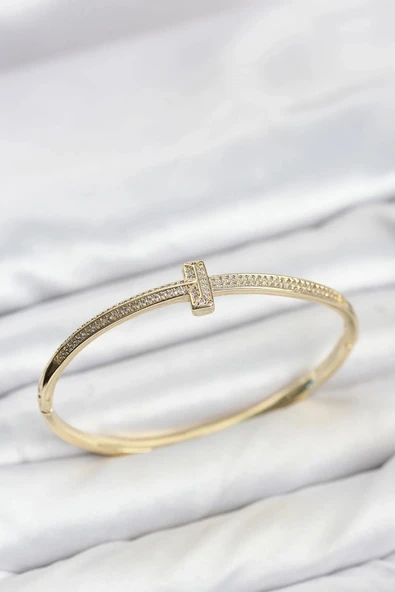 Gold Renk T Model Zirkon Taşlı Kadın Kelepçe Bileklik ürün görseli 1