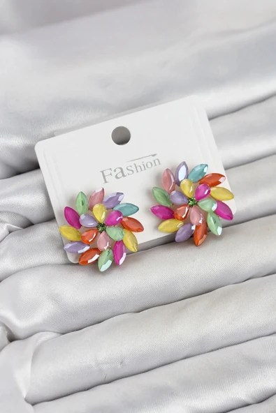 Karışık Renk Kristal Taşlı Çiçek Model Kadın Küpe ürün görseli 1