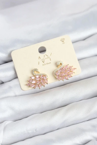 Pembe Zirkon Taşlı Gold Swan Kuğu Model Kadın Küpe ürün görseli 1