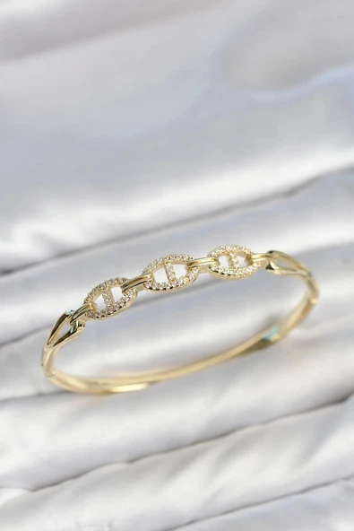 Gold Renk Gemi Zinciri Model Zirkon Taşlı Kadın Kelepçe Bileklik ürün görseli 1