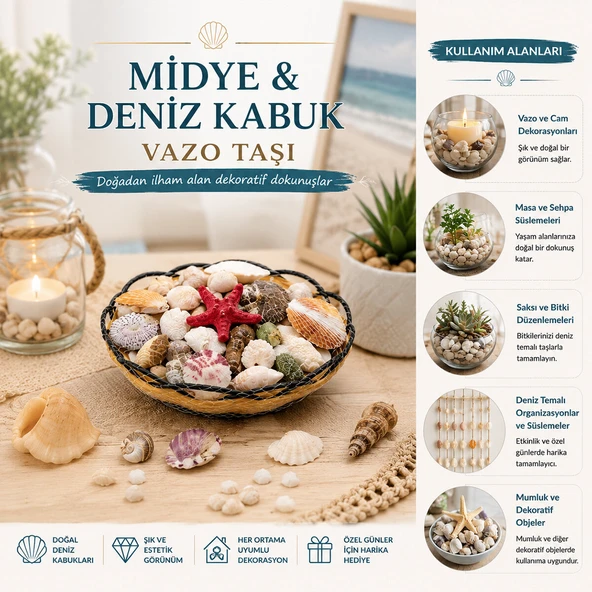 AHŞAP YUVARLAK SEPET - FİLELİ RENKLİ MİX MİDYE - DENİZ KABUK VAZO TAŞI (5433) ürün görseli 1