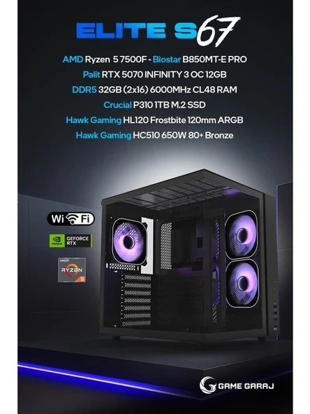 Game Garaj Elite S67 Hawk Ryzen 5 7500F 32GB 1TB RTX5070 Oyuncu Bilgisayarı ürün görseli 1