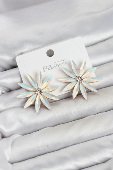 Beyaz Renk Kristal Taşlı Lotus Model Kadın Küpe ürün görseli 1