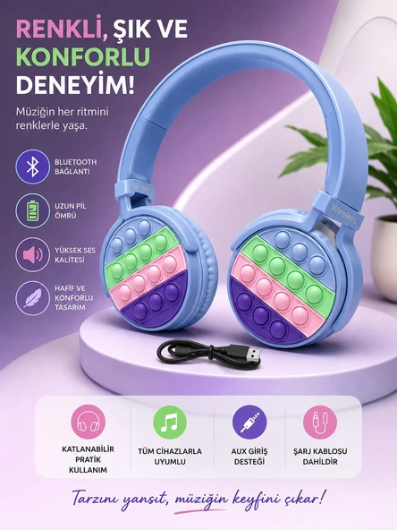 POPİT DESENLİ KAFA ÜSTÜ BLUETOOTH KULAKLIK ürün görseli 1