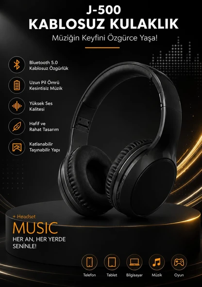 J500 SİYAH RENK BLUETOOTH KAFA ÜSTÜ KULAKLIK ürün görseli 1