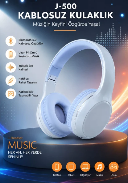 J500 MAVİ RENK BLUETOOTH KAFA ÜSTÜ KULAKLIK ürün görseli 1
