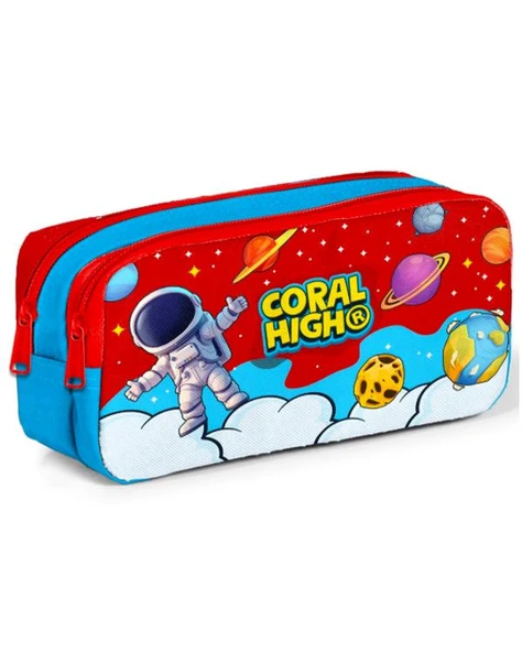 Coral High Kırmızı Mavi Astronot Uzay Desenli İki Bölmeli Kalem Çantası 31045 ürün görseli 1