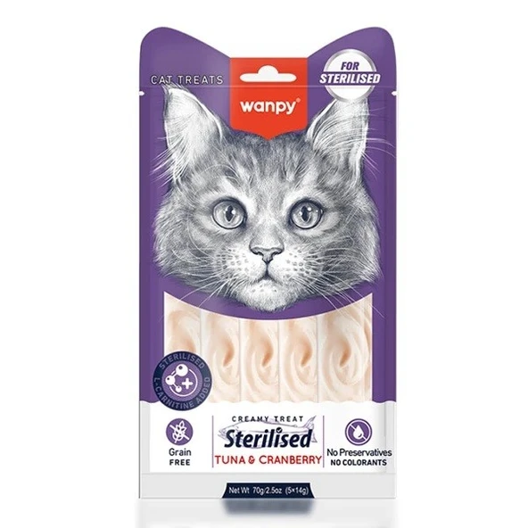 Wanpy Sterilised Ton Balıklı & Kızılcıklı Kısırlaştırılmış Sıvı Kedi Ödül Maması 5x14 gr ürün görseli 1